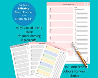 Meal Weekly Planner and shopping List, PRINTABLE and EDITABLE in 4 different colours