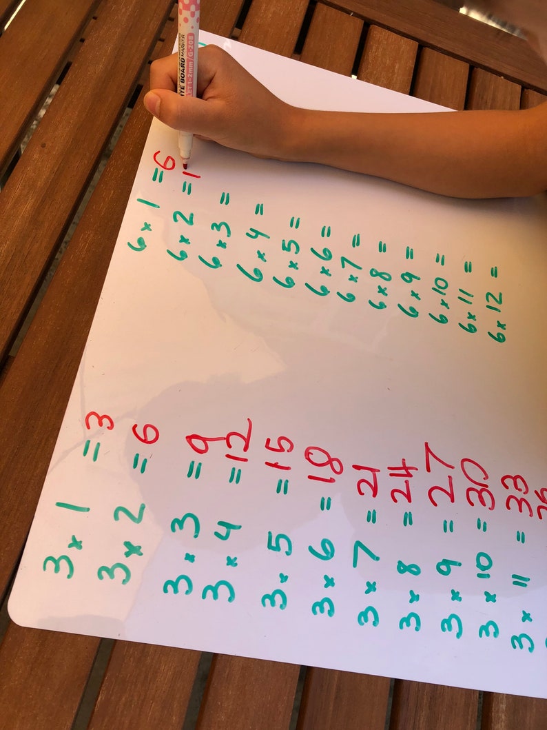May include: A white board with green and red writing showing multiplication equations. The equations are 3 x 1 = 3, 3 x 2 = 6, 3 x 3 = 9, 3 x 4 = 12, 3 x 5 = 15, 3 x 6 = 18, 3 x 7 = 21, 3 x 8 = 24, 3 x 9 = 27, 3 x 10 = 30, 3 x 11 = 33, 6 x 1 = 6, 6 x 2 = 12, 6 x 3 = 18, 6 x 4 = 24, 6 x 5 = 30, 6 x 6 = 36, 6 x 7 = 42, 6 x 8 = 48, 6 x 9 = 54, 6 x 10 = 60, 6 x 11 = 66, 6 x 12 = 72.