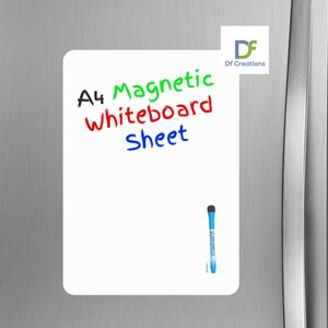 May include: A white A4 magnetic whiteboard sheet with the text "A4 Magnetic Whiteboard Sheet" written on it in black, red, and green marker. A blue dry erase marker is attached to the sheet.