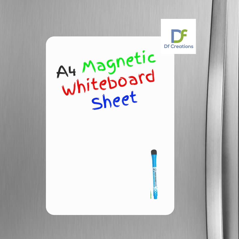 May include: A white A4 magnetic whiteboard sheet with the text "A4 Magnetic Whiteboard Sheet" written on it in black, red, and green marker. A blue dry erase marker is attached to the sheet.