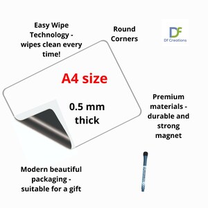 May include: A white magnetic dry erase board with rounded corners. The board is A4 size and 0.5 mm thick. The board is made of premium materials and has a strong magnet. The board is suitable for use with dry erase markers. The board is packaged in a modern and beautiful way, making it suitable for a gift.