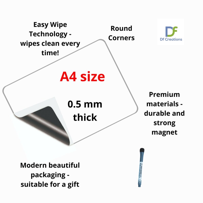 May include: A white magnetic dry erase board with rounded corners. The board is A4 size and 0.5 mm thick. The board is made of premium materials and has a strong magnet. The board is suitable for use with dry erase markers. The board is packaged in a modern and beautiful way, making it suitable for a gift.