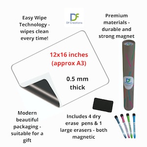 Puede incluir: Una pizarra blanca magn&eacute;tica de borrado en seco con un borde negro, que mide 12x16 pulgadas (aproximadamente tama&ntilde;o A3). La pizarra tiene un grosor de 0,5 mm y viene con cuatro bol&iacute;grafos de borrado en seco y una goma de borrar grande, ambos magn&eacute;ticos. La pizarra est&aacute; empaquetada en un tubo moderno y colorido.