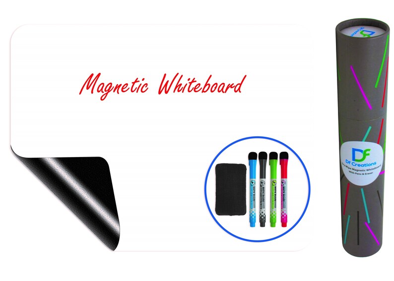 Puede incluir: Una pizarra blanca magn&eacute;tica de borrado en seco con el texto "Magnetic Whiteboard" en rojo. La pizarra viene con cuatro marcadores de borrado en seco en azul, verde, negro y rosa, una goma negra y un tubo de almacenamiento con un dise&ntilde;o colorido.