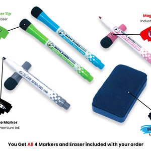 Puede incluir: Conjunto de cuatro marcadores de borrado en seco con tapas de diferentes colores y una goma magn&eacute;tica. Los marcadores tienen una punta de bala y dicen "White Board Marker Bullet 1-2mm/G-268" en el barril. La goma tiene un respaldo azul y una tapa magn&eacute;tica.