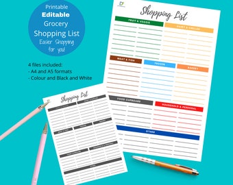 Grocery List Printable Shopping List, 4 files included (A4 / A5, Colour / Black and White - INSTANT DOWNLOAD - Categorised