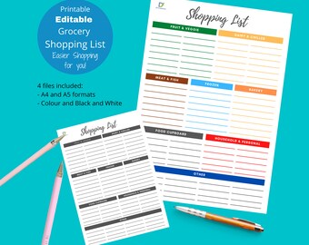 Printable Grocery List: Editable Shopping List with Categories (A4/A5) (Digital Download)