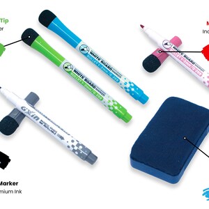 May include: A set of dry erase markers and erasers for whiteboards. The markers have a bullet tip and come in green, blue, and pink. The erasers are a small eraser tip, a large eraser with a magnetic back, and a magnetic lid.