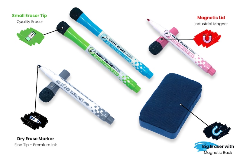 May include: A set of dry erase markers and erasers for whiteboards. The markers have a bullet tip and come in green, blue, and pink. The erasers are a small eraser tip, a large eraser with a magnetic back, and a magnetic lid.
