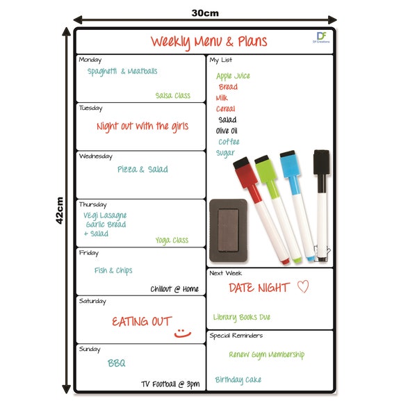 Agenda magnétique pour tableau blanc A3 - calendrier hebdomadaire pour tableau blanc - école à la maison, plan de menu, liste de courses, mémo, rappel, activités