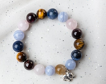 5 Edelsteine Glücksarmband / 100% natürlicher Edelstein Schmuck / Blue Lace Achat-Rosenquarz-Tigerauge-Lazuli-Granat