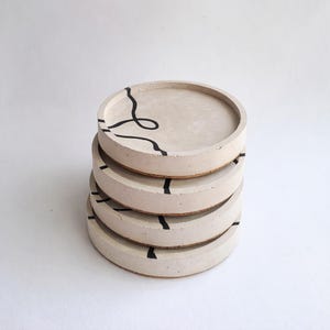 Round Concrete Coaster Set: Sand Color with Black Line Art