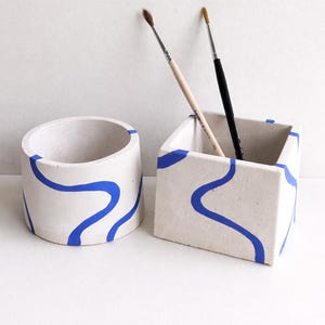 Abstract Blue Lightning Concrete Planter: Modern Minimalist Pot