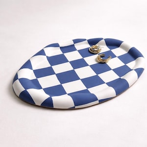Checkered Concrete Cloud Tray: Blue & White Cement Jewelry Dish