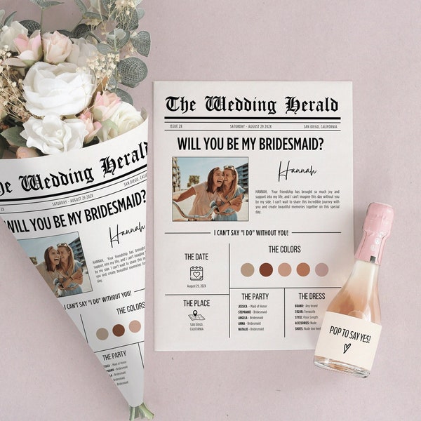 Custom Bridal Party Proposal Flower Wrap Bridesmaid Proposal Newspaper Bridesmaid Bouquet Proposal Newspaper Personalized Bridesmaid Gift
