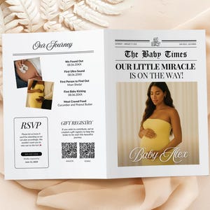 Convite de chá de bebê para impressão em jornal, cartão personalizado para chá de bebê, modelo de convite editável para bebê, lembrança faça você mesmo, convite para chá de bebê no Canva