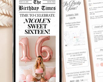 Sweet 16 Digitale Zeitungseinladung mit Antwort bearbeitbarer Geburtstag E-Invite für Jugendliche Personalisierte sechzehnte Geburtstagsankündigung Digital