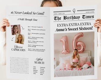 Sweet 16 Geburtstag Einladung Printable Andenken für Jugendliche Bearbeitbare Geburtstag Flyer Sweet Sixteen Party Decor Idee Große Zeitung
