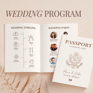 Może przedstawiać: Program ślubu i zaproszenie w stylu paszportu są wyświetlane otwarte. Program zawiera oś czasu ze szczegółami ceremonii, zdjęć, kolacji i krojenia tortu. Paszport jest datowany na 29 sierpnia 202X.