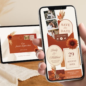 May include: A digital wedding invitation displayed on a smartphone and tablet screen. The design features terracotta-colored envelopes, dried floral accents, and text including "Save the Date," "Emily & Matthew," and "29 August 20XX" with a music player graphic.