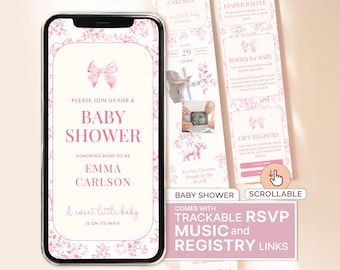 Puede incluir: Una invitación digital para baby shower en la pantalla de un teléfono inteligente, con un lazo rosa y un patrón floral. El texto dice Please Join Us For A Baby Shower Honoring Mom-To-Be Emma Carlson. A sweet little baby is on its way.