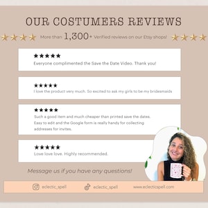 May include: A tan-colored graphic with customer reviews, star ratings, and text. The text includes phrases like "Save the Date Video" and "bridesmaids." The image also features social media handles and a website address.