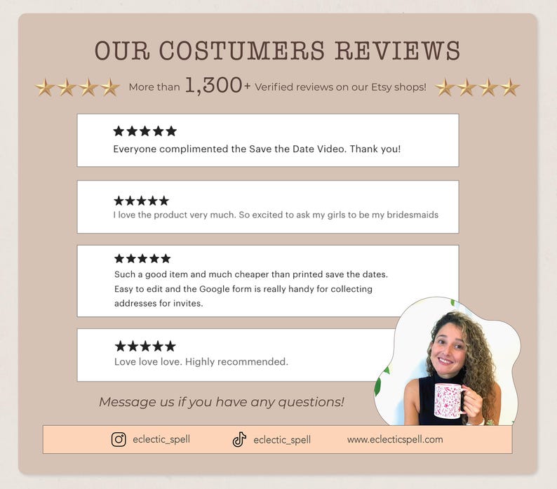 May include: A tan-colored graphic with customer reviews, star ratings, and text. The text includes phrases like "Save the Date Video" and "bridesmaids." The image also features social media handles and a website address.
