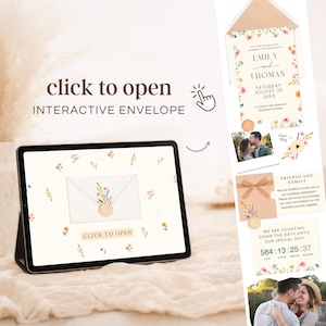 K&ouml;nnte beinhalten: Interaktives Hochzeitskarten-Design auf einem Tablet. Die Einladung zeigt florale Elemente, die Namen "Emily und Thomas" und das Datum "29. August 20XX". Das Design enth&auml;lt einen Countdown-Timer und die Aufforderung "Zum &Ouml;ffnen klicken".