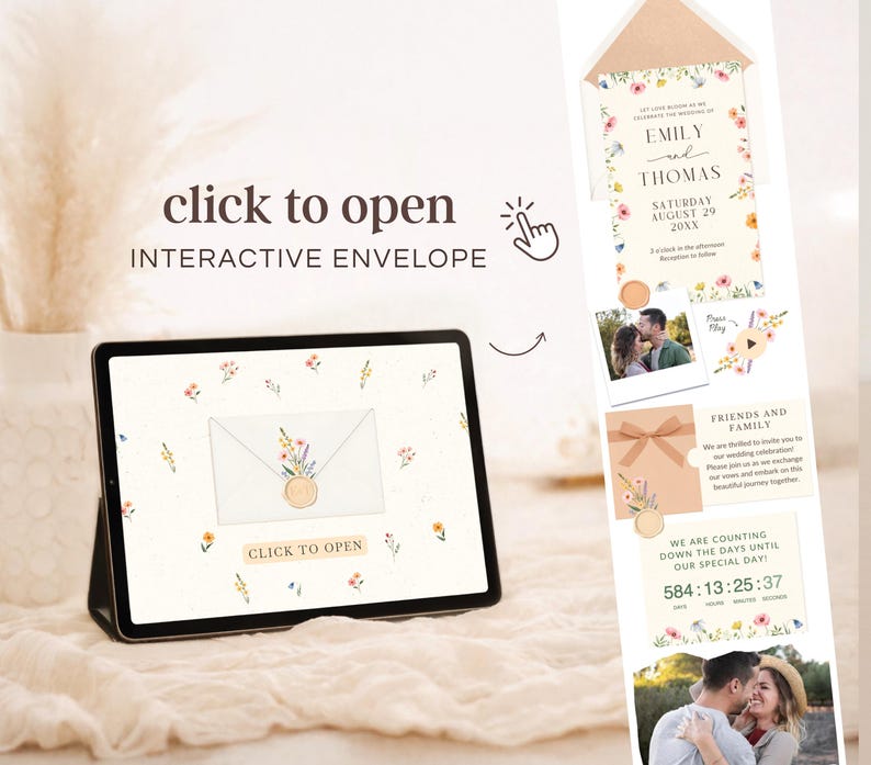 K&ouml;nnte beinhalten: Interaktives Hochzeitskarten-Design auf einem Tablet. Die Einladung zeigt florale Elemente, die Namen "Emily und Thomas" und das Datum "29. August 20XX". Das Design enth&auml;lt einen Countdown-Timer und die Aufforderung "Zum &Ouml;ffnen klicken".
