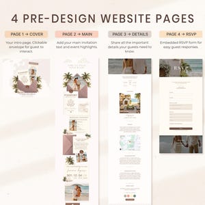 May include: A graphic showcasing four pre-designed website pages. The pages include a cover, main invitation, details, and RSVP form. Each page features a soft color palette with images and text, including the words "Passport" and "RSVP".