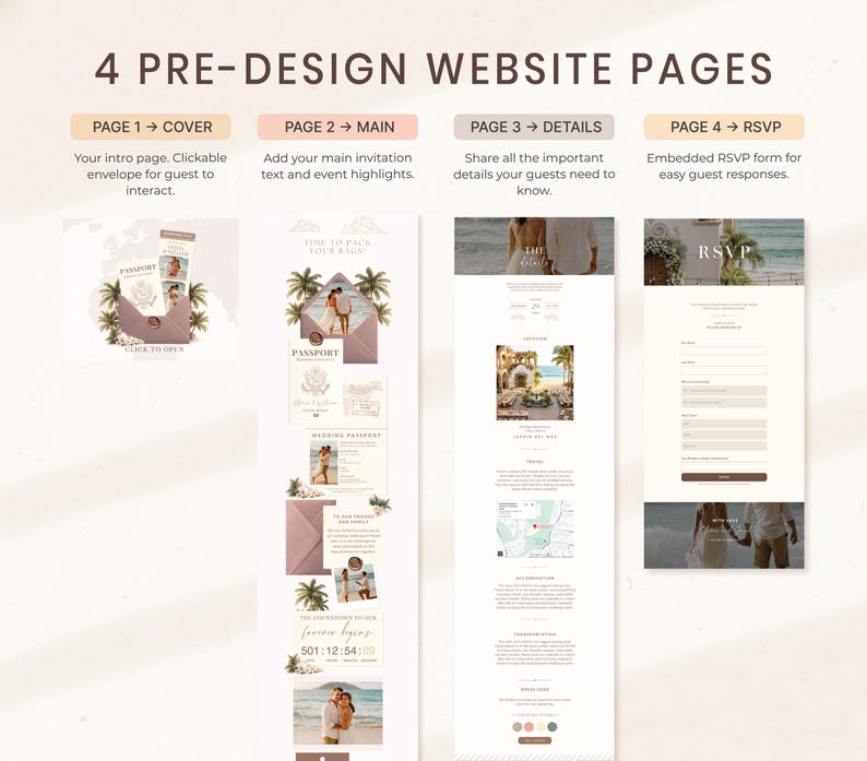 May include: A graphic showcasing four pre-designed website pages. The pages include a cover, main invitation, details, and RSVP form. Each page features a soft color palette with images and text, including the words "Passport" and "RSVP".
