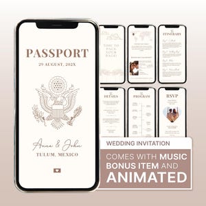 May include: A digital wedding invitation suite displayed on a smartphone screen, featuring a passport-themed design with an eagle emblem, the text PASSPORT, 29 AUGUST, 202X, Anna & John, and Tulum, Mexico, alongside several smaller mobile screens.