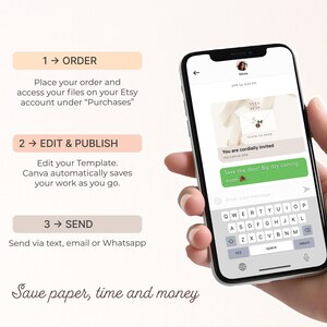 May include: A smartphone displaying a wedding invitation template with the text "Save the date! Big day coming soon." Instructions are shown: order, edit & publish, and send via text, email, or Whatsapp. The text "Save paper, time and money" is also displayed.