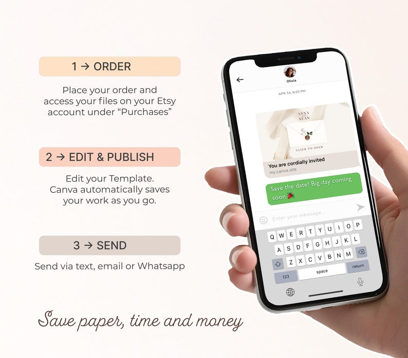 May include: A smartphone displaying a wedding invitation template with the text "Save the date! Big day coming soon." Instructions are shown: order, edit & publish, and send via text, email, or Whatsapp. The text "Save paper, time and money" is also displayed.