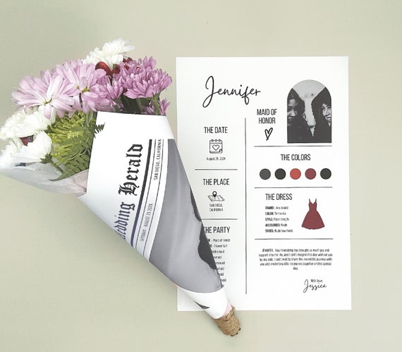 Will You Be My Bridesmaid Flower Wrapping Newspaper Bridesmaid Proposal  Gift for Bridesmaid Newspaper Template Maid of Honor Proposal Idea 