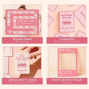 May include: A collection of pink party games and photo booth props for a bachelorette party. Includes a board game (18 x 24 in), charades cards, a "Listen Don't Judge" card, and a photo booth frame (24 x 36 in). The theme is "Girls Gone Mild."