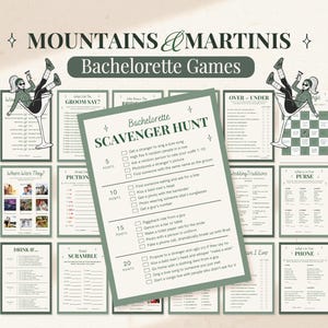 May include: A collection of green and white bachelorette party games with the text "MOUNTAINS & MARTINIS" and "Bachelorette Games." The games include a scavenger hunt, pictionary, and other fun activities. The image has a light green background.