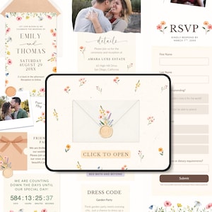 May include: Wedding invitation suite with floral accents. Includes an invitation, RSVP card, details card, and a digital envelope with a wax seal. The suite features the names "Emily and Thomas" and the date "August 29, 20XX".