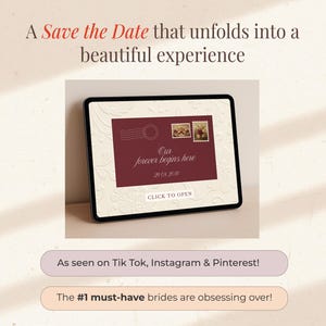 May include: A digital wedding invitation on a tablet. The invitation features a burgundy envelope design with the text "Our forever begins here" and the date 29.08.2020. The tablet is on a light beige background.