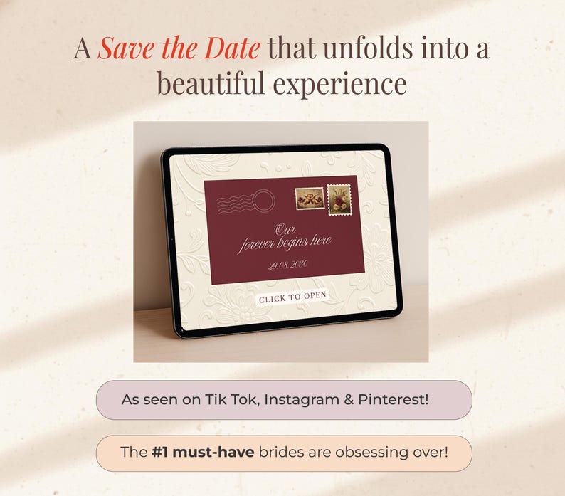 May include: A digital wedding invitation on a tablet. The invitation features a burgundy envelope design with the text "Our forever begins here" and the date 29.08.2020. The tablet is on a light beige background.