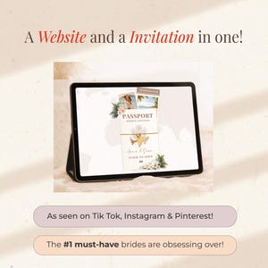 May include: A digital tablet displays a wedding invitation design. The invitation is designed to look like a passport, with the text "Passport Wedding Invitation" and the names "Anna & Sean." The text "A Website and a Invitation in one!" is at the top.