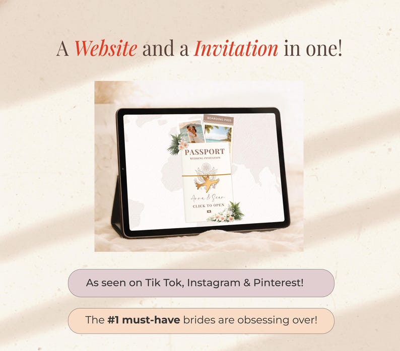 May include: A digital tablet displays a wedding invitation design. The invitation is designed to look like a passport, with the text "Passport Wedding Invitation" and the names "Anna & Sean." The text "A Website and a Invitation in one!" is at the top.