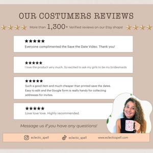 K&ouml;nnte beinhalten: Beige Grafik mit Kundenbewertungen, Sternebewertungen und Text. Der Text lautet &bdquo;Unsere Kundenbewertungen&ldquo; und &bdquo;Mehr als 1.300+ verifizierte Bewertungen in unseren Etsy-Shops!&ldquo;. Es gibt vier Kundenbewertungen mit Sternebewertungen und Text. Social-Media-Handles und eine Website befinden sich unten.
