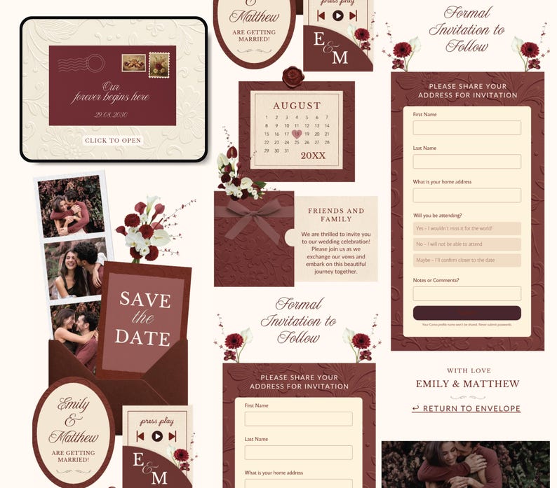 Maroon Digital Save the Date Wedding Elegant Wedding Announcement