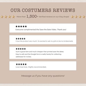 a collection of customer reviews for a product, specifically a Save the Date video. The reviews are positive and praise the product for being very much enjoyed by the girls who have been recommended it to be bridesmaids. The reviews also mention that the product is much cheaper than printed save the dates, and the Google Form is easily accessible for collecting addresses for invitations. The overall sentiment of the reviews is positive, with many stars indicating customer satisfaction.