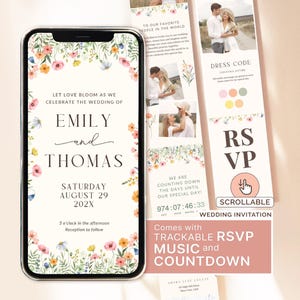 May include: A digital wedding invitation displayed on a smartphone screen featuring watercolour floral borders, the names Emily and Thomas, and the date August 29, 202X. Beside it, a vertical scrollable layout shows photos, a countdown timer, and RSVP details.