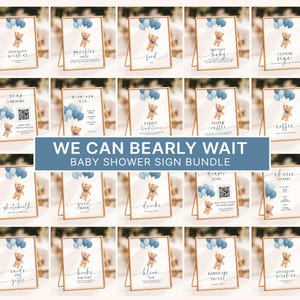 Peut inclure: Ensemble de panneaux de baby shower encadrés, avec des supports dorés. Chaque panneau présente un ours en peluche aquarelle tenant des ballons bleus. Les textes incluent "Advice and Wishes", "Pacifier Menu" et "We Can Bearly Wait Baby Shower Sign Bundle."