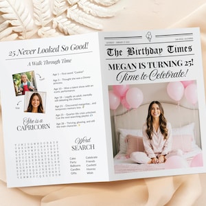 Convite para aniversário comemorativo, modelo divertido de jornal de aniversário, panfleto editável do Canva, convite de aniversário personalizado para festa comemorativa dela