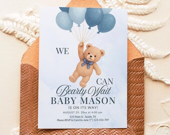 Vi kan nog vänta babyshowerinbjudan pojke babyshower utskrivbar blå björninbjudan för baby pojke söt skogsbabyshowerinbjudan Canvas DIY