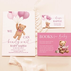 We Can Bearly Wait Baby Shower Invitation Girl Pink Bear Theme Editable Canva Template With Diaper Raffle And Books For Baby Insert Included